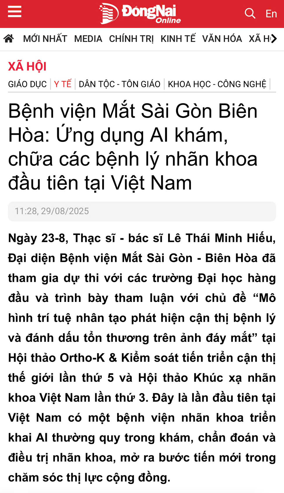 Báo Đồng Nai: Bệnh viện Mắt Sài Gòn Biên Hòa Ứng dụng AI khám, chữa các bệnh lý nhãn khoa đầu tiên tại Việt Nam