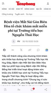 Báo Tiền Phong: Bệnh viện Mắt Sài Gòn Biên Hòa tổ chức khám mắt miễn phí tại Trường tiểu học Nguyễn Thái Học